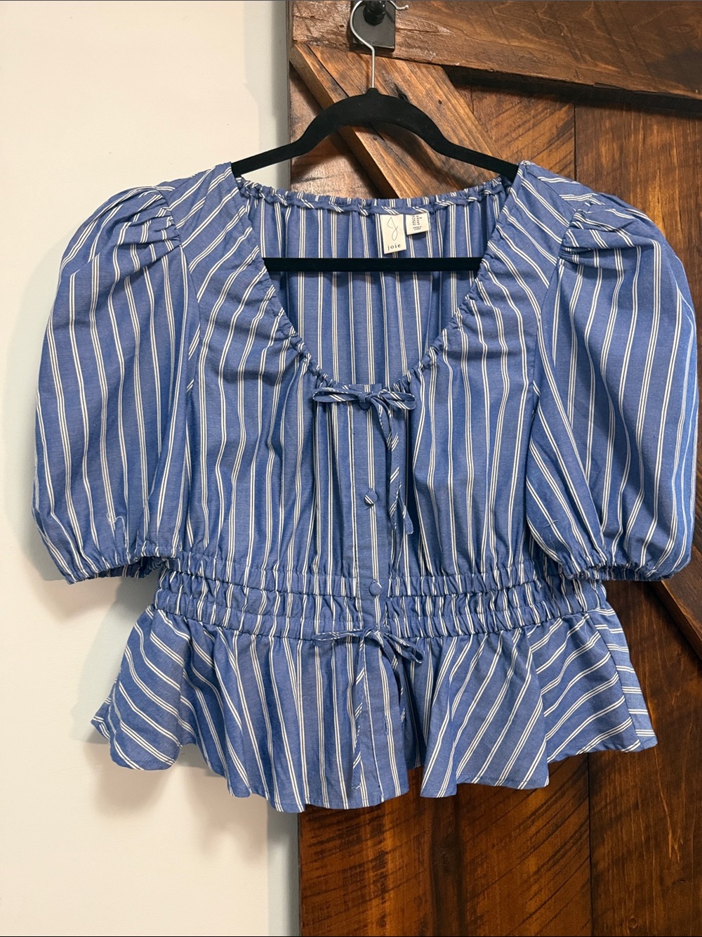 Joie Blue White Striped Puff-Sleeve Peplum Top